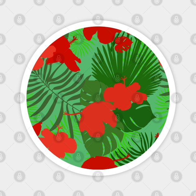 Hand drawn hibiscus, tropical leaves red and green pattern Magnet by GULSENGUNEL